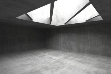 Minimalist iç mekanlar için geometrik tavan penceresi tasarımlı modern beton mimari. 3d hazırlayıcı..