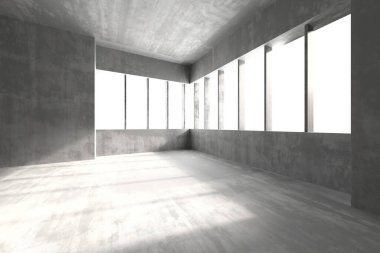Güneşli beton odalı modern minimalist iç tasarım konsepti. 3d hazırlayıcı.