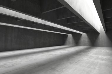 Işık demetleriyle modern endüstriyel beton döşeme. 3d hazırlayıcı.