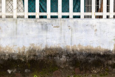 Beyaz ahşap çitlerin altında soyulmuş boya ve yosun ile yıpranmış bir duvar..
