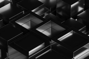Siyah küpleri ve yansımaları olan soyut geometrik desen. 3d hazırlayıcı.