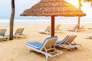 Kumsal güneşli, şezlonglu ve kumlu sahil şeridinde saman şemsiyeli..