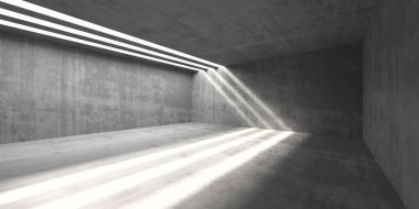 Güneş ışığının tavan aralarından aktığı minimalist mimari alan. 3d hazırlayıcı..