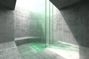 Modern architectural minimalism featuring industrial concrete and green glass accents. 3d render. clipart