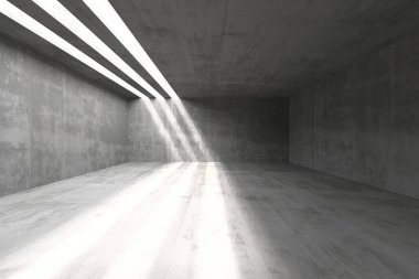 Güneş ışığının dar pencerelerden içeri aktığı minimalist beton bir iç mekan. 3d hazırlayıcı.