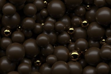 Parlak altın röfleli koyu renkli kürelerin soyut düzenlemesi. 3d hazırlayıcı.