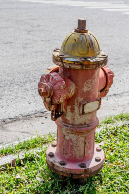 Şehir caddesinde çimlerin üzerinde paslı kırmızı yangın musluğu.