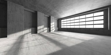 Büyük pencereli ve beton elementli minimalist endüstriyel iç mekan. 3d hazırlayıcı.