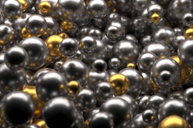 Modern tasarım için soyut metalik ve altın küreler bir araya toplandı. 3d hazırlayıcı.