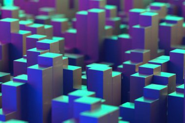 Modern tasarım için neon küpleri olan canlı geometrik soyut şehir manzarası. 3d hazırlayıcı.