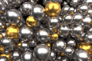 Metalik gümüş ve altın yansıtıcı küreler kümesi. 3d hazırlayıcı..