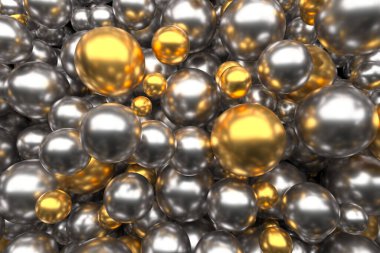 Gümüş ve altın yansımalı soyut metal küreler. Tasarım, geçmiş ya da fütüristik kavramlar için mükemmel. 3d hazırlayıcı..
