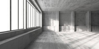 Minimalist beton döşeme, büyük pencereler ve güneş ışığı. 3d hazırlayıcı.