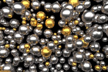 Metalik ve altın küreler dinamik kümede. 3d hazırlayıcı.