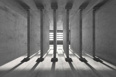 Beton sütunları ve gölgeleri olan minimalist mimari iç mimari. 3d hazırlayıcı.