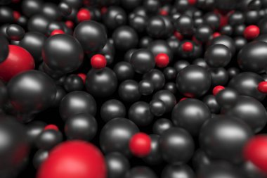 Kırmızı ve siyah küreli dinamik soyut kompozisyon. 3d hazırlayıcı.