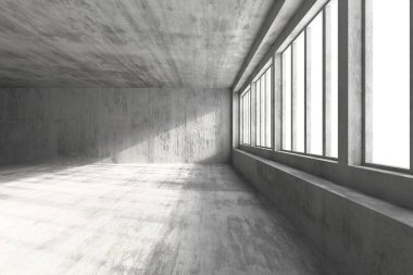 Beton duvarları ve geniş pencereleri olan minimalist endüstriyel iç mekan. 3d hazırlayıcı..