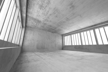 Büyük pencereleri ve beton duvarları olan minimalist endüstriyel iç mekan. 3d hazırlayıcı.