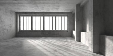 Minimalist beton döşeme ve büyük güneş ışığı pencereleri. 3d hazırlayıcı..