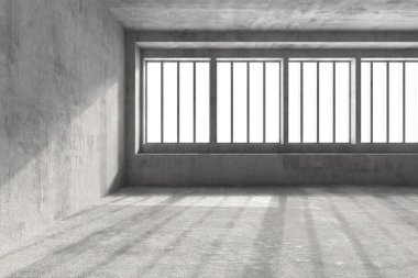 Minimalist boş beton oda, geniş pencereler ve yumuşak doğal ışık. 3d hazırlayıcı.