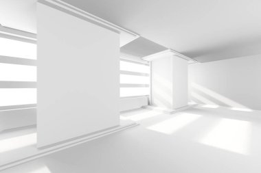 Modern tasarım için geometrik yapılara sahip gelecekçi minimalist beyaz iç mimari. 3d hazırlayıcı.