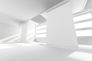 Pencerelerinden güneş ışığı akan modern minimalist mimari alan. 3d hazırlayıcı.