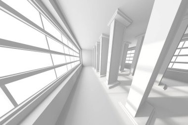 Beyaz sütunları ve geniş pencereleri olan modern mimari iç mimari. 3d hazırlayıcı.