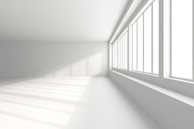 Minimalist boş beyaz oda, büyük pencereler ve doğal ışık. 3d hazırlayıcı..