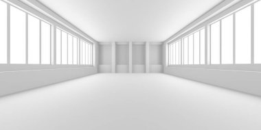Modern mimari tasarım ilhamı için büyük pencereleri olan minimalist, beyaz bir oda. 3d hazırlayıcı.