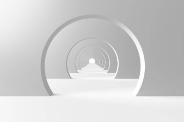 Modern sanat ve tasarım için dairesel kemerleri olan fütüristik beyaz bir tünel. 3d hazırlayıcı..