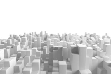 Beyaz küplü soyut geometrik şehir manzarası, minimalist şehir tasarımı konsepti. 3d hazırlayıcı..