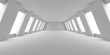 Geometrik pencereli gelecekçi minimalist beyaz koridor. 3d hazırlayıcı.