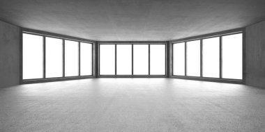 Geniş pencereli modern minimalist geniş oda. 3d hazırlayıcı.