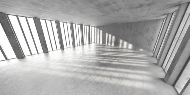 Güneş ışığıyla aydınlanmış beton kaplamalı modern mimari alan. 3d hazırlayıcı.