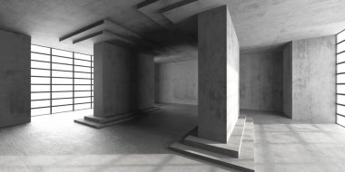 Modern mimari ilham için beton duvarları ve geometrik şekilleri olan minimal endüstriyel iç tasarım. 3d hazırlayıcı.