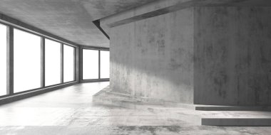 Büyük camları ve geometrik duvarları olan minimalist beton iç mekan. 3d hazırlayıcı..