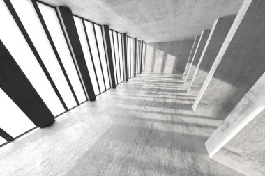 Minimalist modern mimari, güneş ışığıyla aydınlanan beton iç mimari. 3d hazırlayıcı.