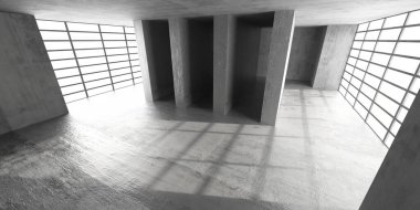 Minimalist modern mimari iç mimari, geometrik beton duvarlar ve ışık desenleri. 3d hazırlayıcı.