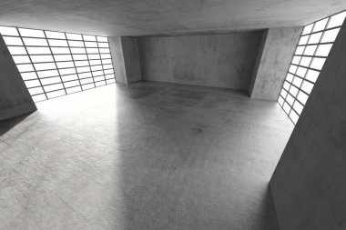 Şebeke pencereleri ve doğal ışığı olan minimalist beton oda. 3d hazırlayıcı.