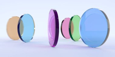 Işık arkaplanındaki renkli şeffaf disklerin soyut düzenlenmesi. 3d hazırlayıcı..