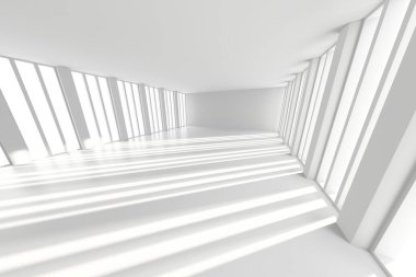 Modern tasarım kavramları için dramatik ışık ve gölgelerle soyut minimalist beyaz iç mekan. 3d hazırlayıcı.
