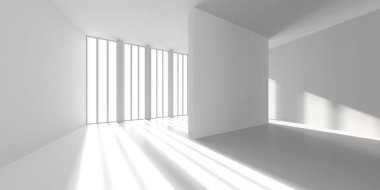 Geometrik gölgeli, minimalist, soyut, beyaz bir iç mekan. 3d hazırlayıcı.