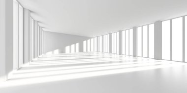 Minimalist güneşli iç mekan, uzun gölgeler ve modern mimari ilham için geniş pencereler. 3d hazırlayıcı..