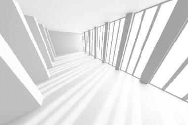 Güneşli bir iç tasarımda geometrik gölgeli fütürist minimalist mimari. 3d hazırlayıcı.