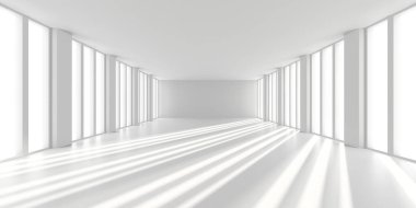 Güneşli duvarları ve zemini olan minimalist boş bir oda. 3d hazırlayıcı.