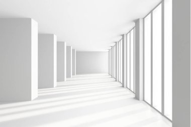 Günışığı pencereleri ve geometrik sütunları olan modern minimalist iç mekan. 3d hazırlayıcı.