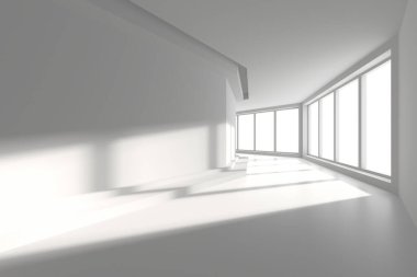 Mimari ilham için yerden tavana pencere tasarımlı modern minimalist iç mekan. 3d hazırlayıcı.