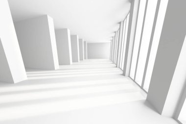Güneşli beyaz koridor ve modern tasarım elementlerinin yer aldığı minimalist mimari iç mekan. 3d hazırlayıcı..