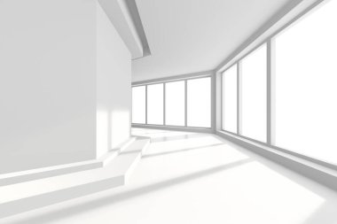 Modern minimalist boş beyaz oda içi geniş pencereli ve yumuşak doğal ışıklı. 3d hazırlayıcı.