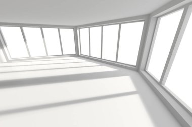 Parlak güneş ışığı, geniş pencereli modern iç mekan atmosferik gölgeler yaratıyor. 3d hazırlayıcı.